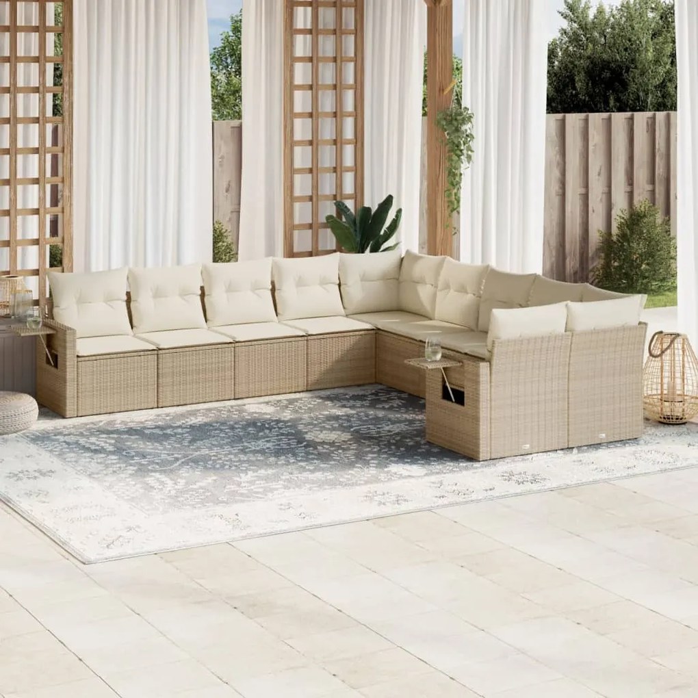 Set Divano da Giardino 10 pz con Cuscini Beige in Polyrattan