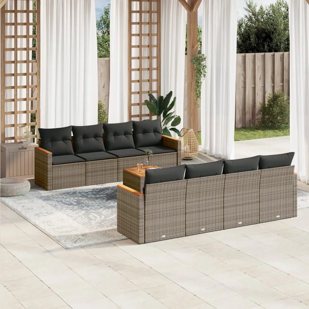 Set divano da giardino 9 pz con cuscini grigio in polyrattan