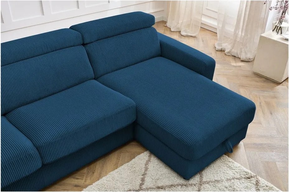 Divano angolare in blu scuro allungabile (con composizione variabile) con rivestimento in velluto a coste Monaco – Bobochic Paris