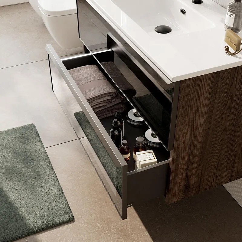 Mobile bagno con lavabo Star L100 x H60 x P46 cm, walnut in vetro 2 cassetti per vasca centrale, il cassetto é dotato di illuminazione LED