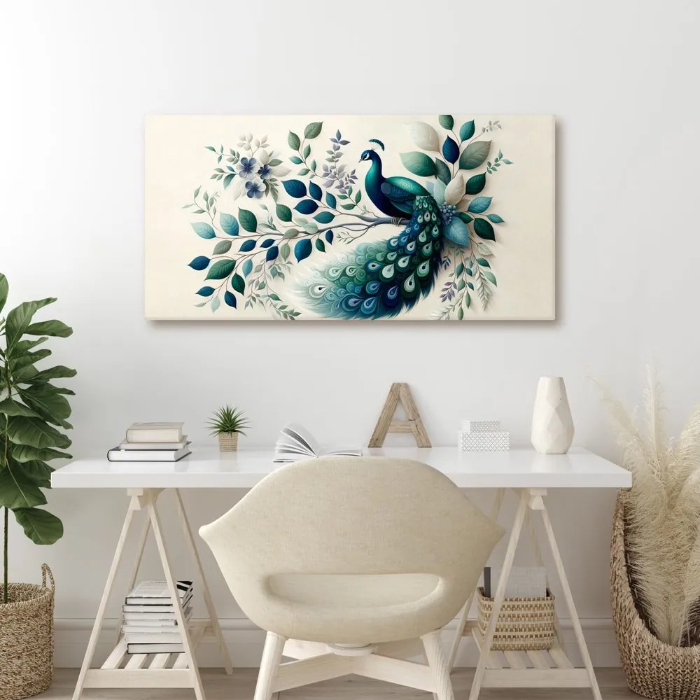 Quadro su tela – Pavone blu in composizione floreale