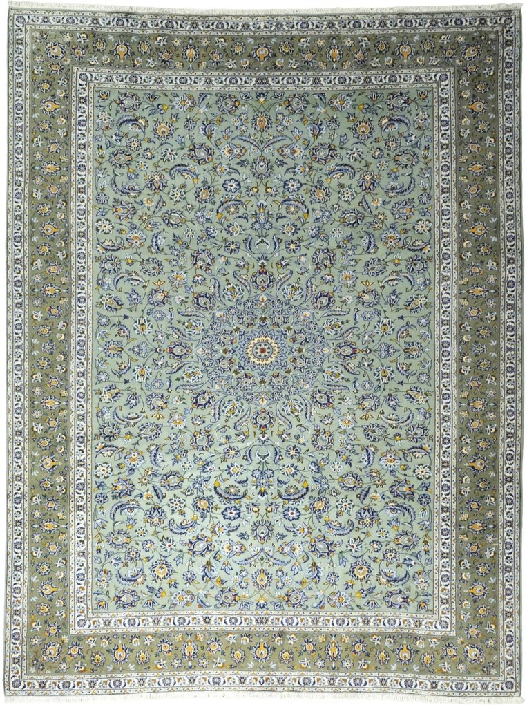 Kashan Tappeto 390 x 300 Verde (Iran) Annodato A Mano