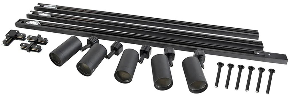 Sistema di illuminazione a binario sospeso moderno con 5 faretti neri monofase - Iconic Jeana