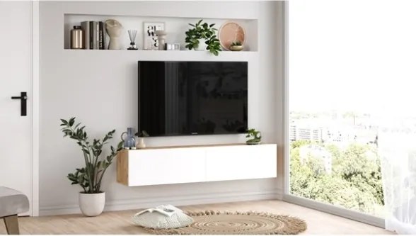 Mobile Tv Sospeso 140x32x30 Effetto Legno Rovere E Bianco Future
