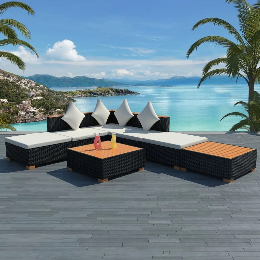 Set divani da giardino 7 pz con cuscini in polyrattan nero