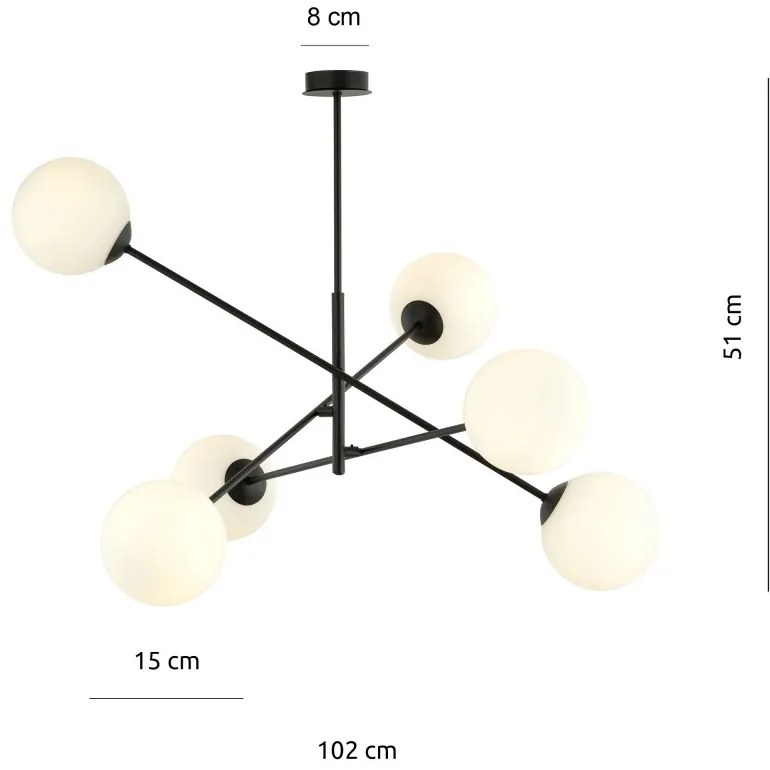 Lampadario da Soffitto in Acciaio e Vetro LINEAR 6 Nero 6xE14 Colore delle Sfere Bianco