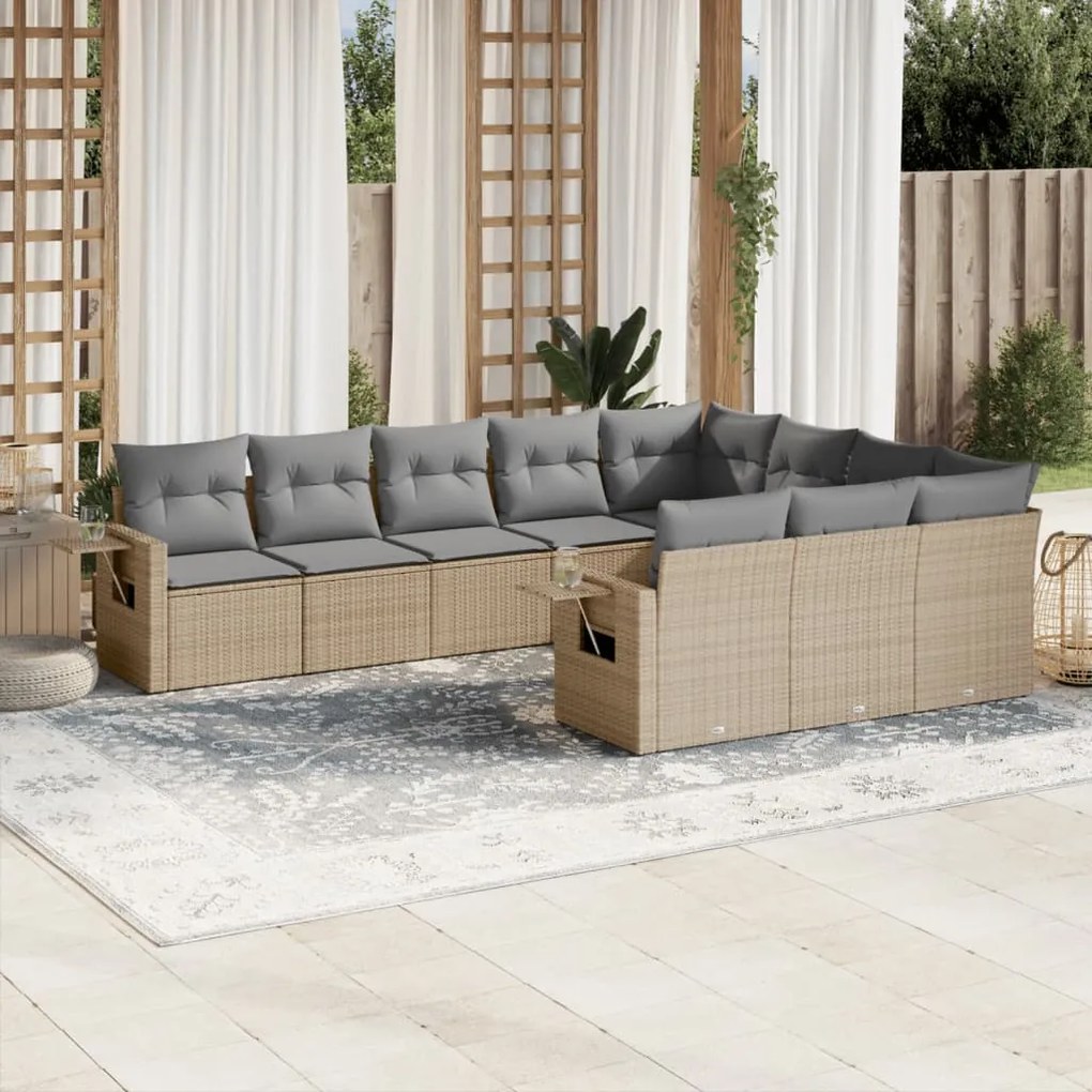 Set divano da giardino 10 pz con cuscini beige in polyrattan