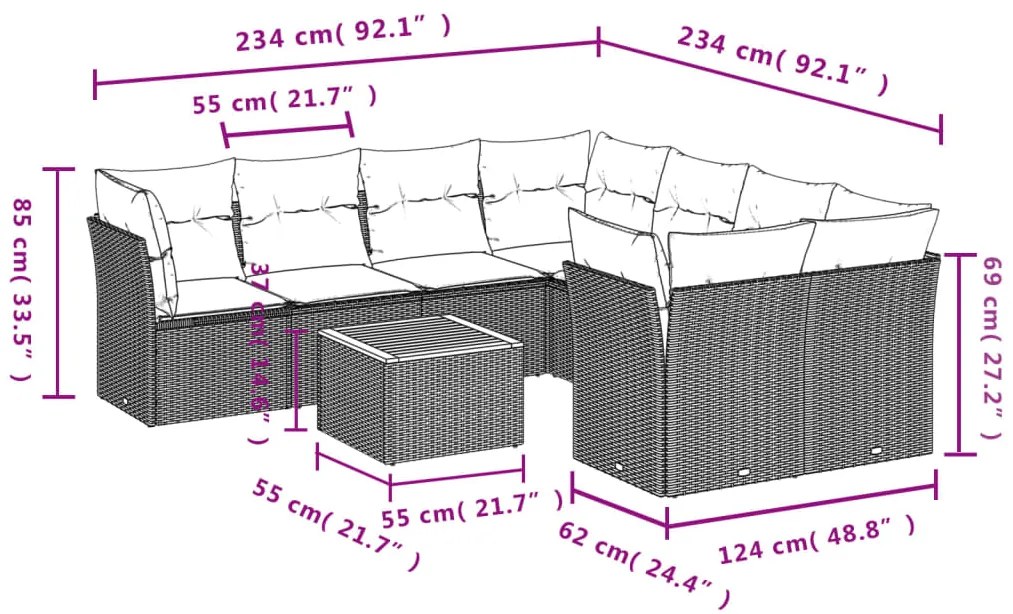 Set divano da giardino 9 pz con cuscini beige in polyrattan