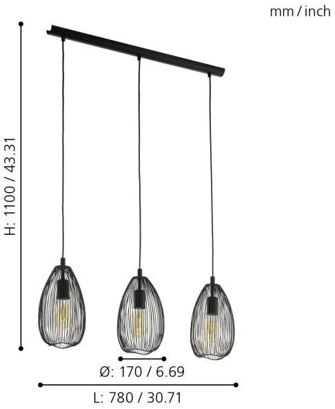 Eglo 49142 - Lampadario a sospensione con filo CLEVEDON 3xE27/60W/230V