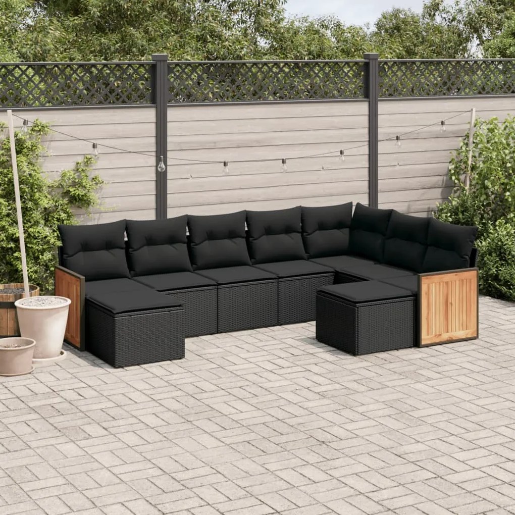 Set divani da giardino 9 pz con cuscini nero in polyrattan