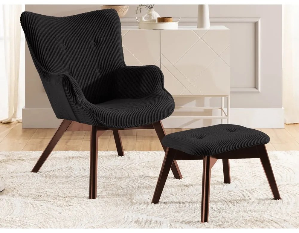 Poltrona con poggiapiedi nera con rivestimento in velluto a coste Niko – Ropez