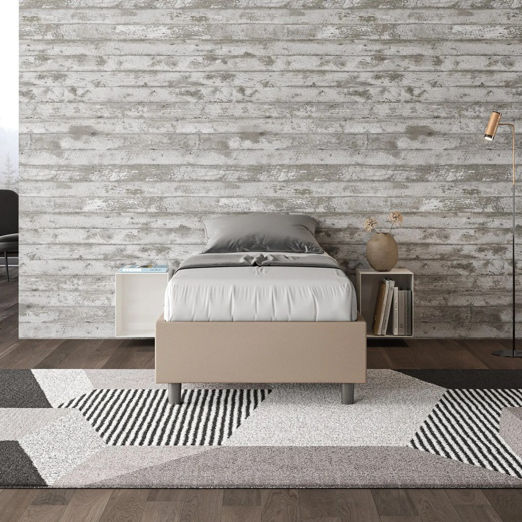 Letto singolo imbottito similpelle Azelia con e senza rete e contenitore, Tortora / Con Rete