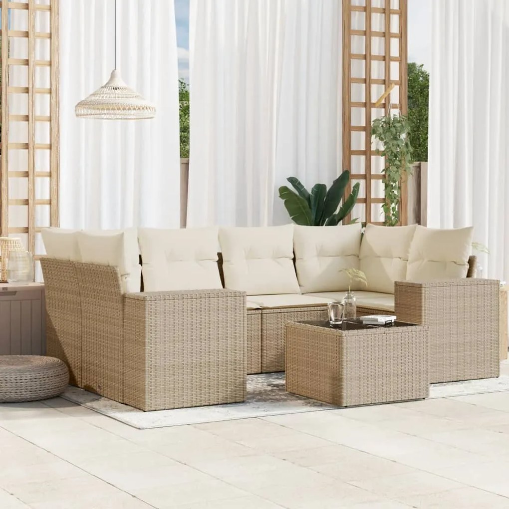 Set Divani da Giardino 7 pz con Cuscini Beige in Polyrattan