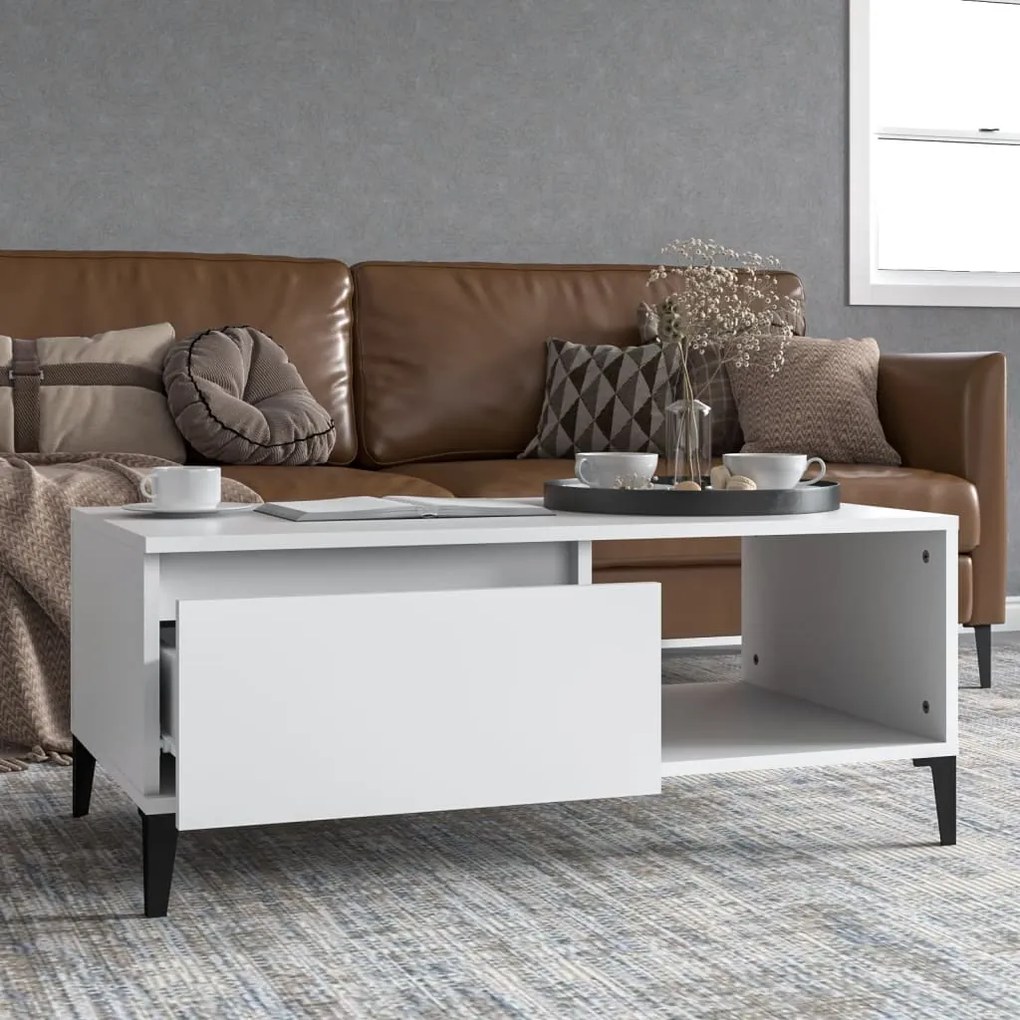Tavolino Da Salotto Bianco 90x50x36,5 Cm İn Legno Multistrato /