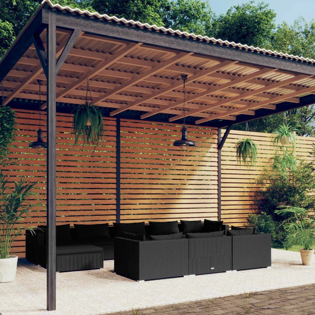 Set Divani da Giardino 10 pz con Cuscini in Polyrattan Nero