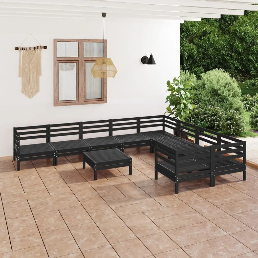Set salotto da giardino 10 pz nero in legno massello di pino