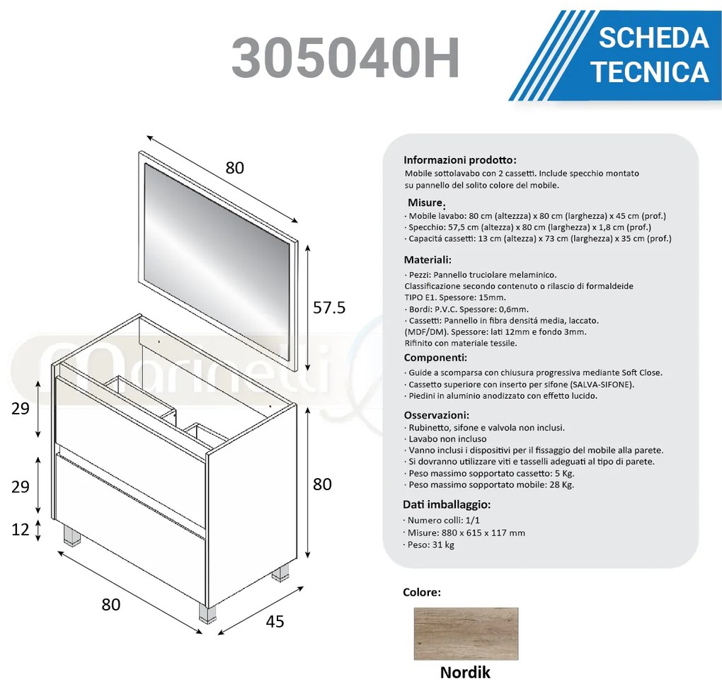 Mobile bagno 80 cm a terra lavabo ceramica specchio 2 cassetti rovere 305040H