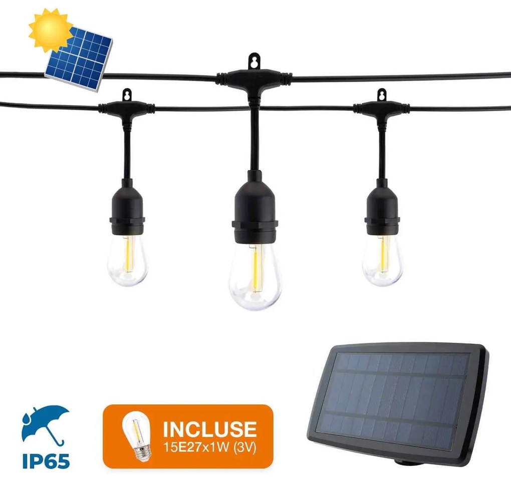 Catenaria SOLARE 15 Lampadine LED 1W Bianco Caldo - 15m Colore Bianco Caldo 2.700K