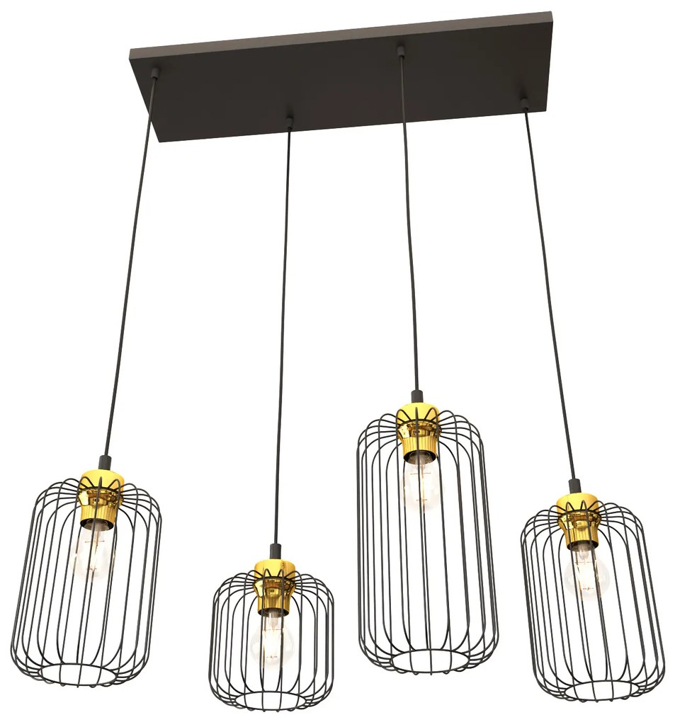 Sospensione Minimal Industrial Minerva 4 Luci Lineari Nera E Oro