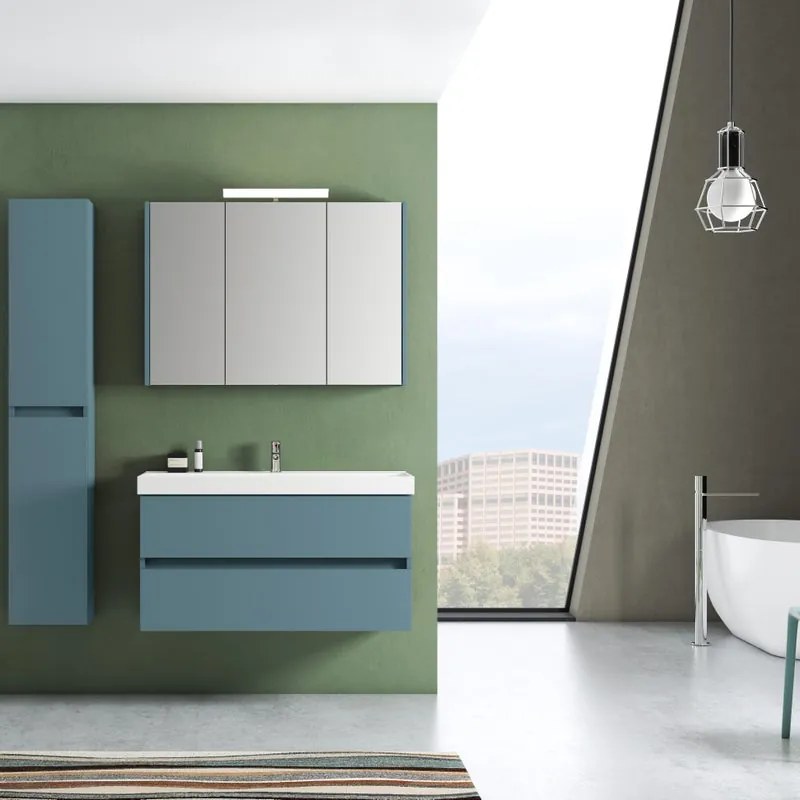 Mobile bagno sospeso con lavabo L 99.5 x H 50 x P 45.5 cm laccato opaco blu pacifico 2 cassetti per vasca centrale Kora