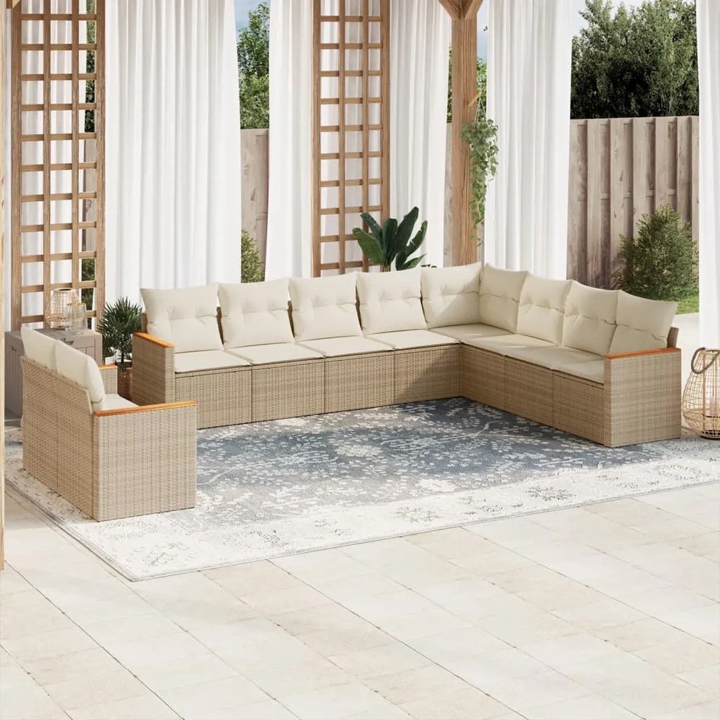 Set Divano da Giardino 10 pz con Cuscini Beige in Polyrattan