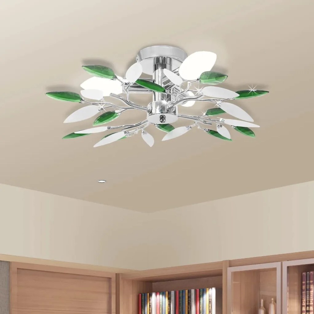 Lampada Soffitto Foglie Bianco E Verde Cristallo Acrilico 3xe14 /