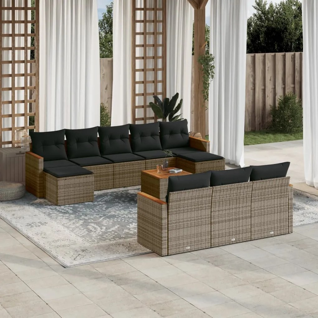 Set divani da giardino 11 pz con cuscini in polyrattan grigio