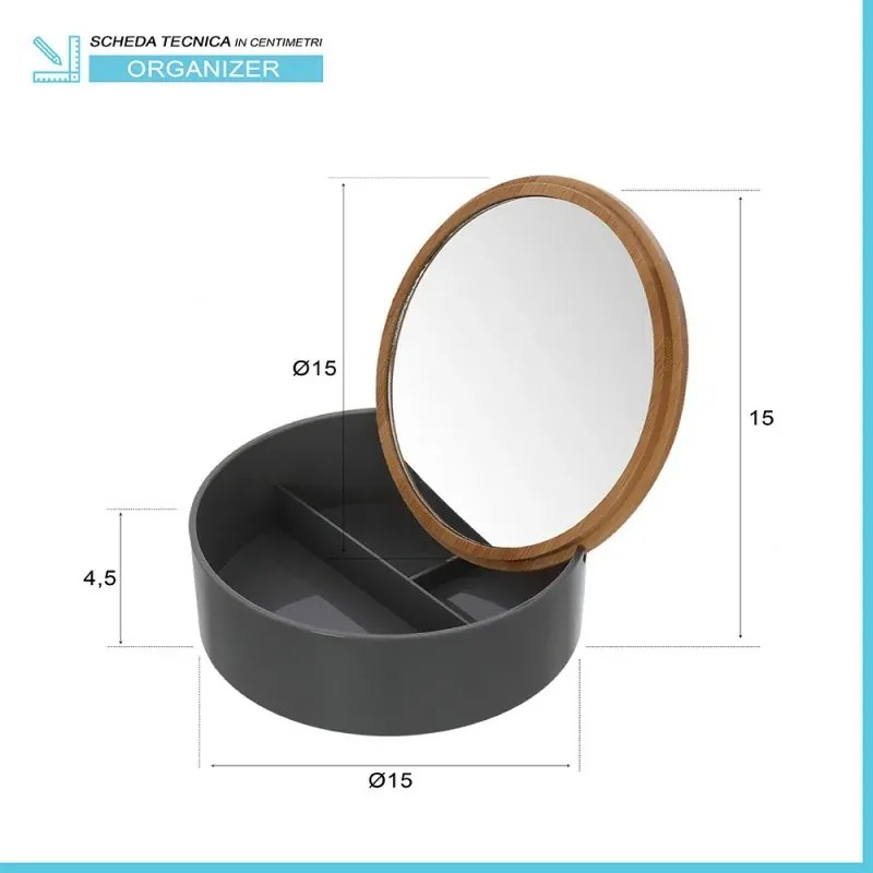 Porta trucchi da bagno tondo in plastica grigia e bamboo completo di specchio