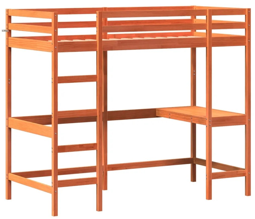 Letto soppalco con scrivania marrone cera 100x200 cm legno pino