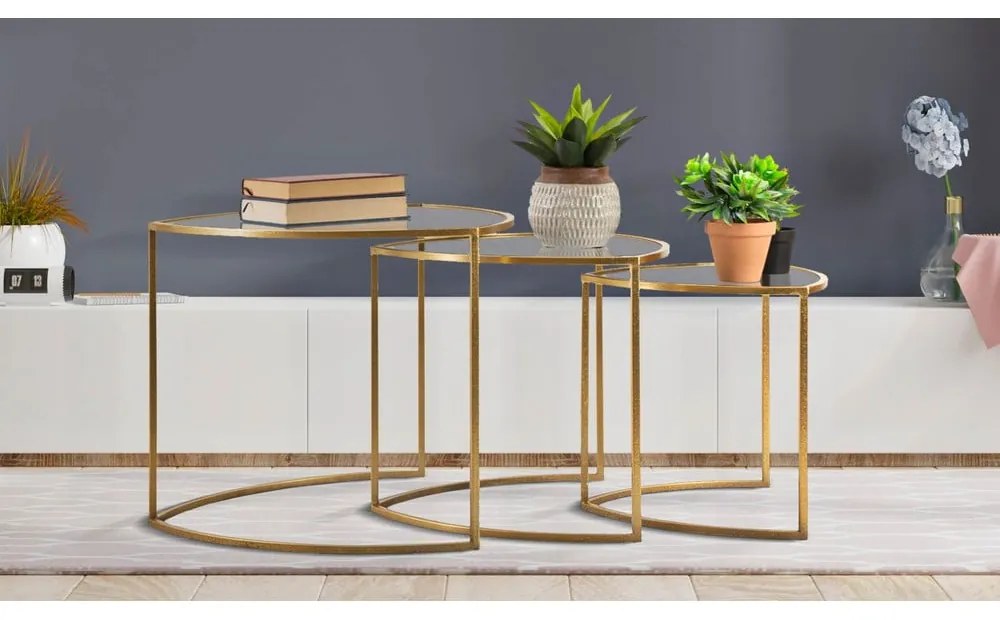 Tavolini rotondi in set di 3 con piano in vetro in oro ø 60 cm Triangle - Mauro Ferretti