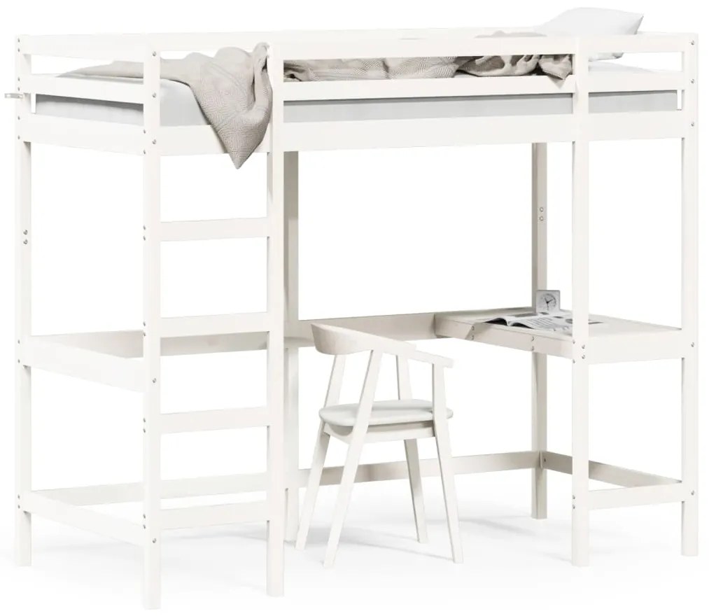 Letto Soppalco Con Scrivania Bianco 90x190 Cm Massello Pino /