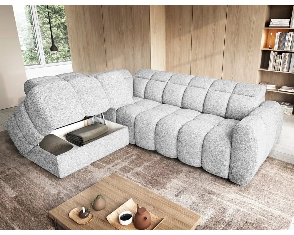 Divano angolare grigio chiaro allungabile/con contenitore (con penisola a sinistra/a L) e rivestimento in bouclé Falconn – ELTAP