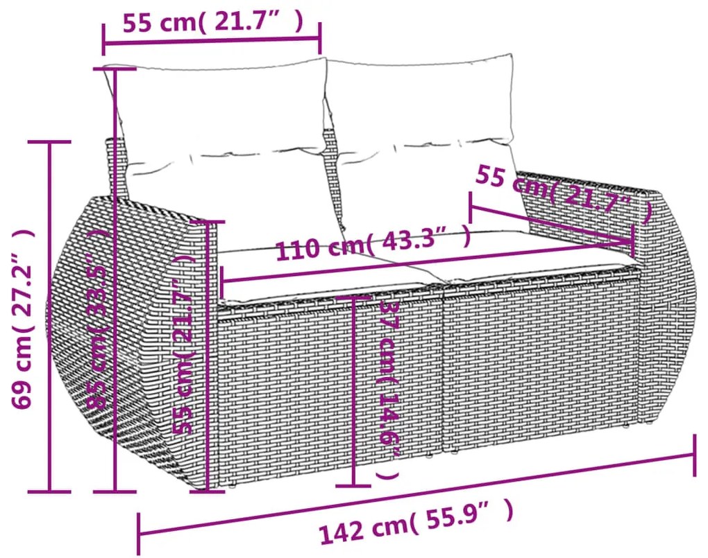 Set Divano da Giardino 9 pz con Cuscini Grigio in Polyrattan