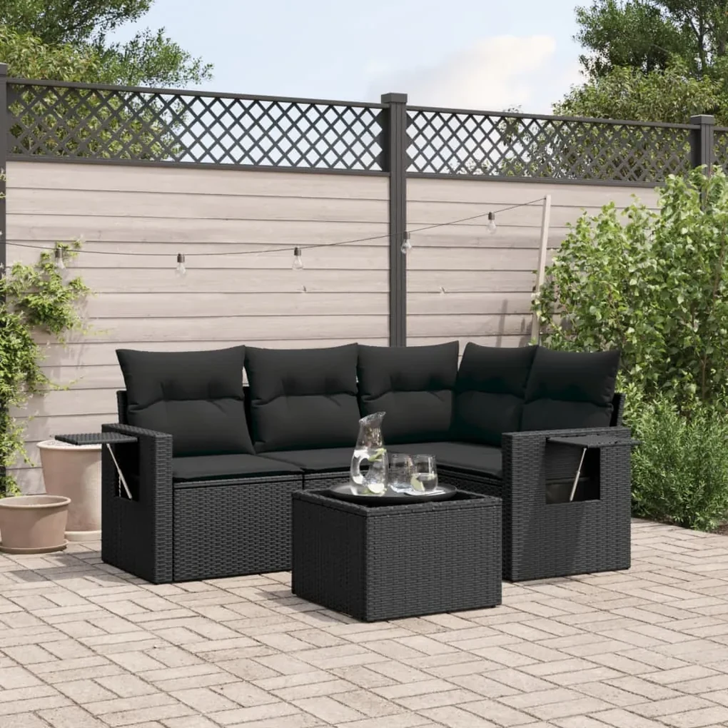Set divani da giardino 5 pz con cuscini in polyrattan nero