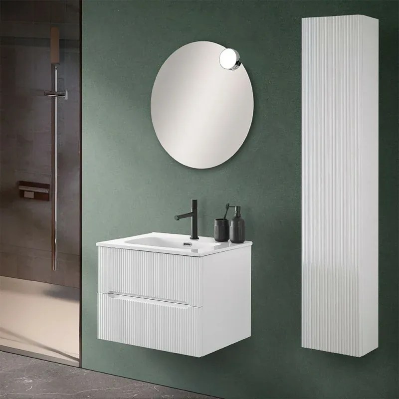 Mobile bagno sospeso cannettato 60 cm bianco opaco con lavabo Bali