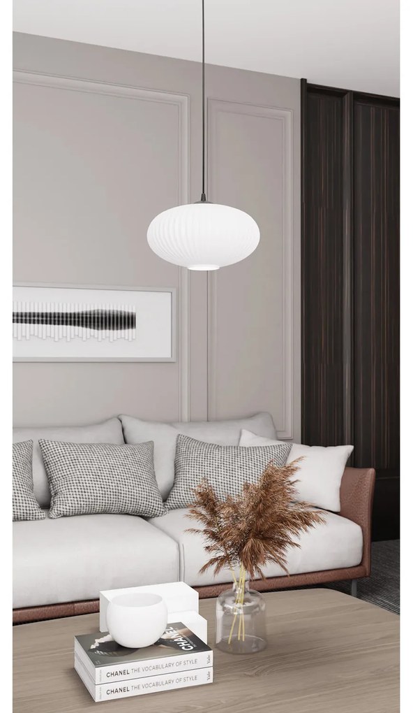 Sospensione 1 Luce Iris In Acciaio Nero Paralume Plissettato Bianco