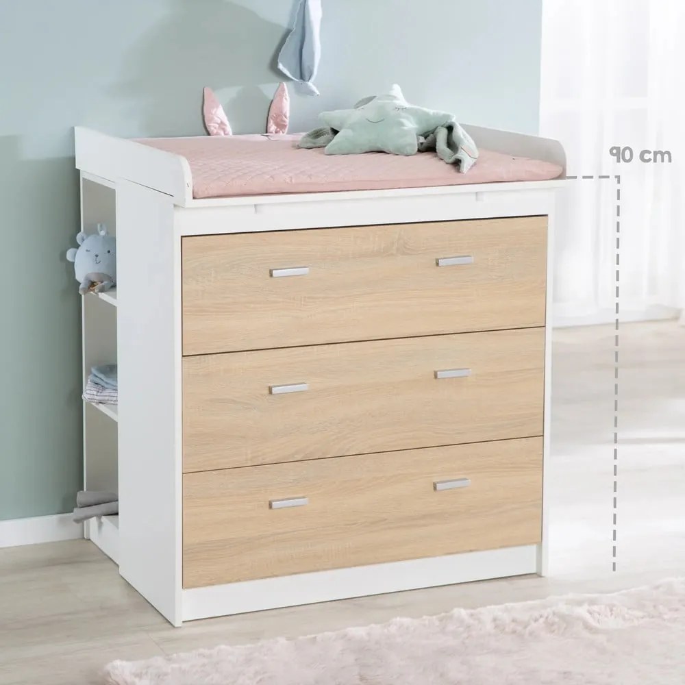 Cassettiera alta per bambini in rovere con fasciatoio in bianco e naturale 89x98 cm Gabriella - Roba