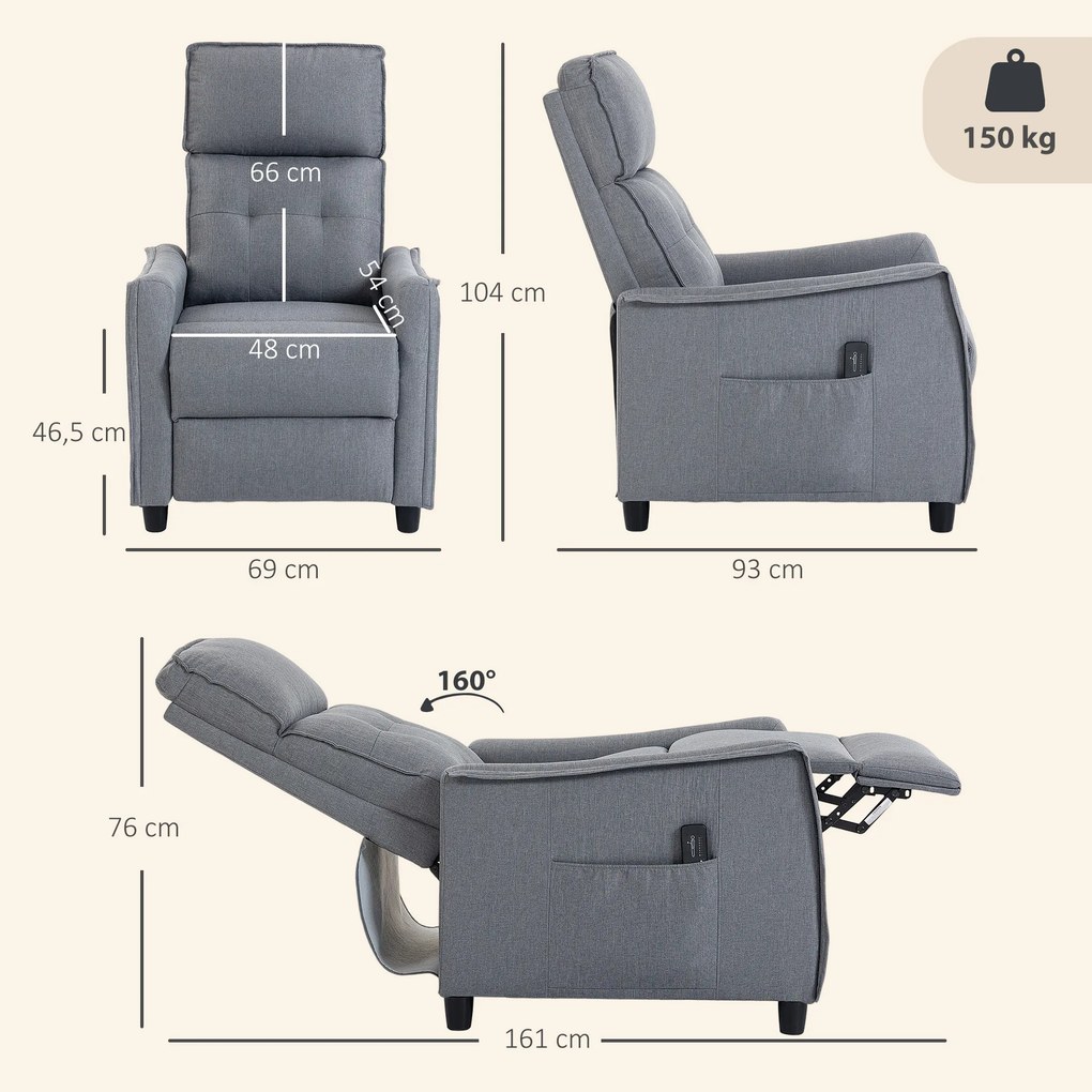 Poltrona Massaggiante 69x93x104 cm Reclinabile a 160° con Poggiapiedi e Telecomando Effetto Lino Grigio Chiaro...