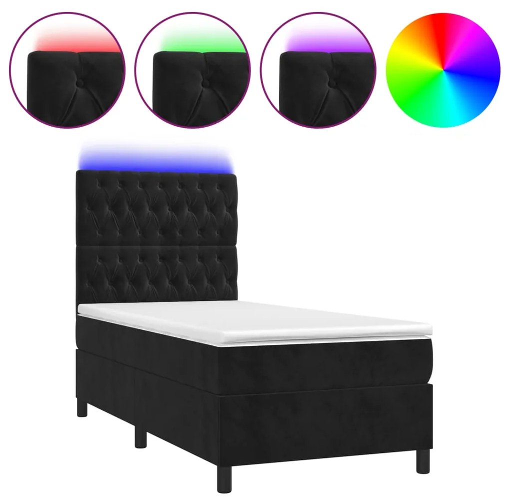 Letto a molle con materasso e led nero 100x200 cm in velluto