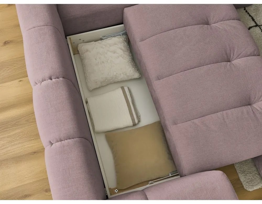 Divano angolare rosa allungabile e con contenitore (penisola a destra/a L) con rivestimento in ciniglia Fuji – Bobochic Paris