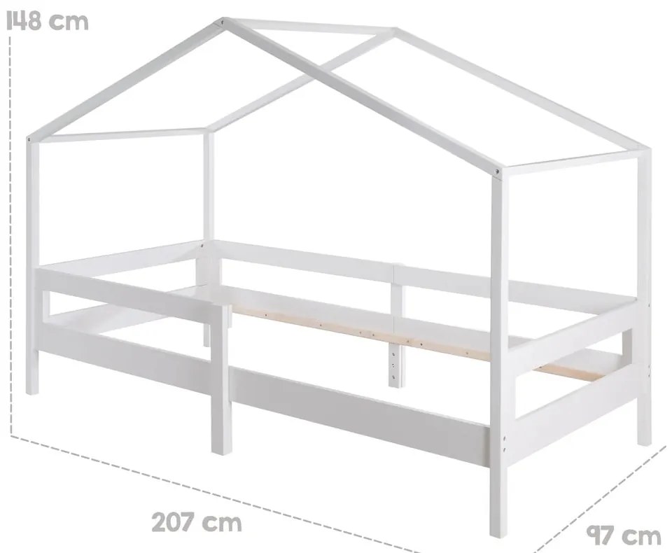 Letto da bambini a forma di casa bianco in legno massiccio con contenitore con rete inclusa 90x200 cm – Roba