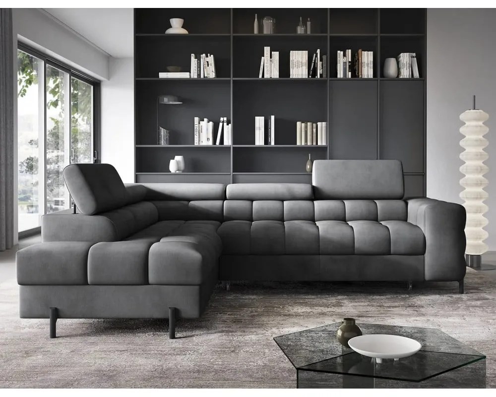 Divano angolare grigio scuro allungabile/con contenitore (con penisola a sinistra/a L) e rivestimento in velluto Ferucce – ELTAP