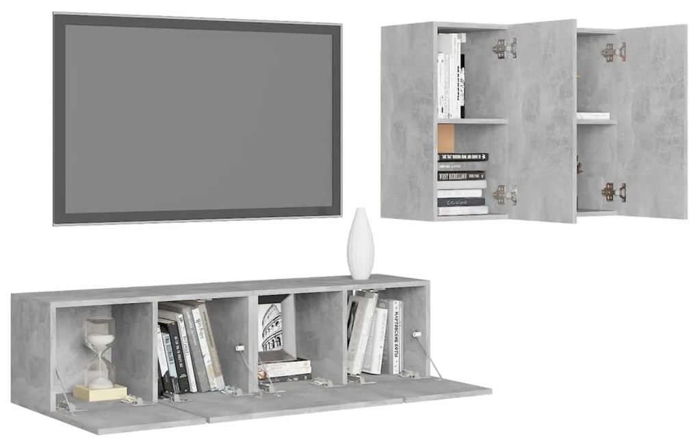 Set di mobili porta tv 4 pz grigio cemento in legno multistrato
