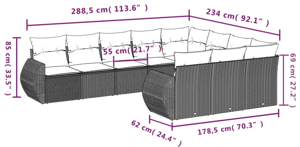 Set divani da giardino 10pz con cuscini in polyrattan nero