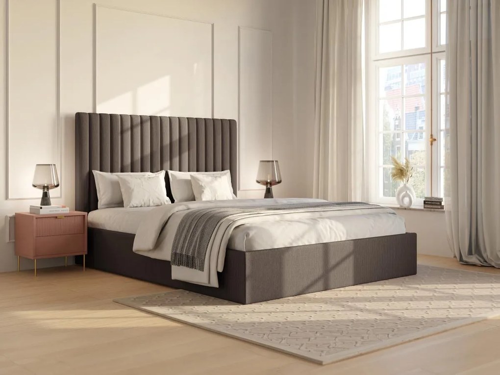 Letto con contenitore 160 x 200 cm con testata letto impunture verticali Velluto a coste Tortora SARAH