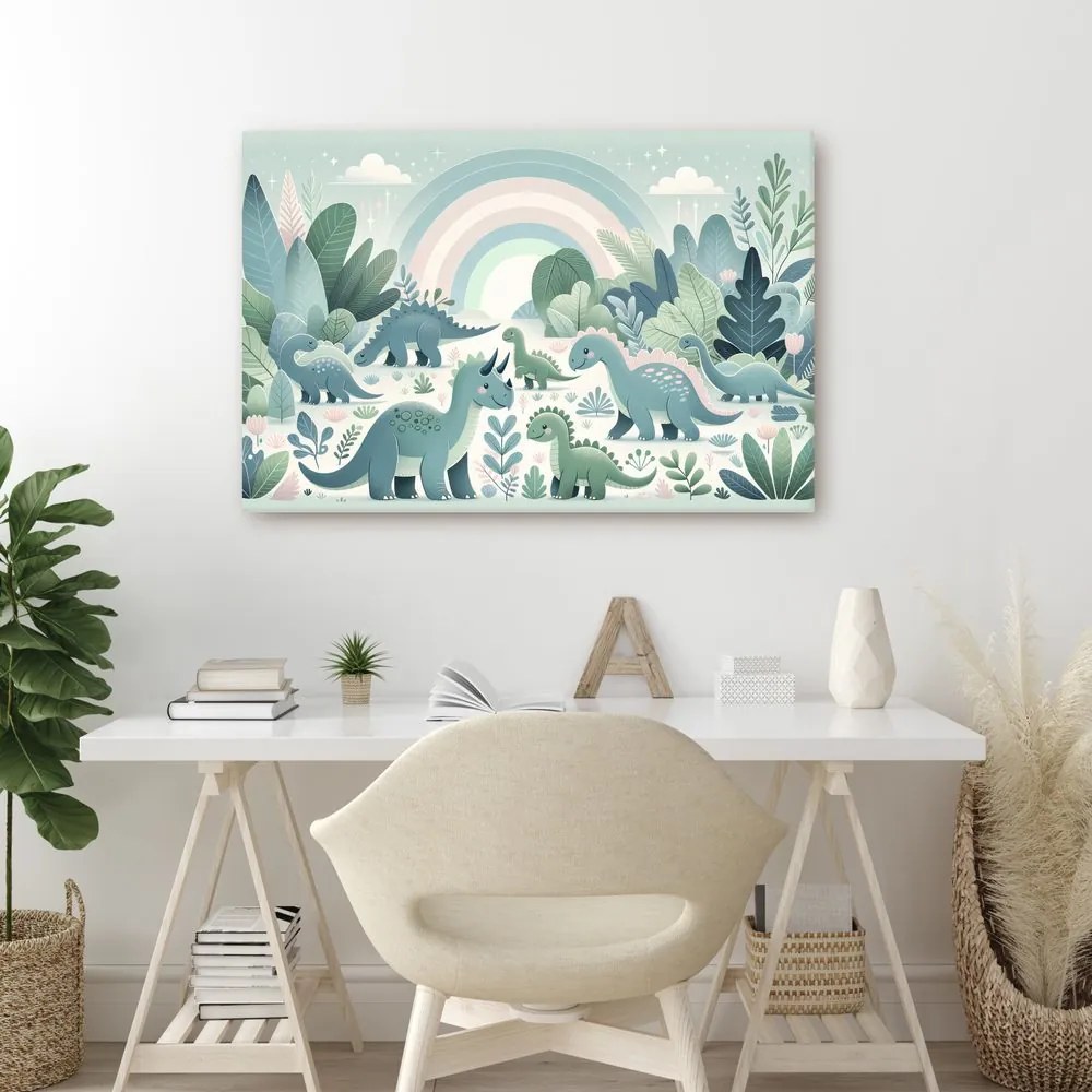 Quadro su tela – Dinosauri felici in una foresta da favola