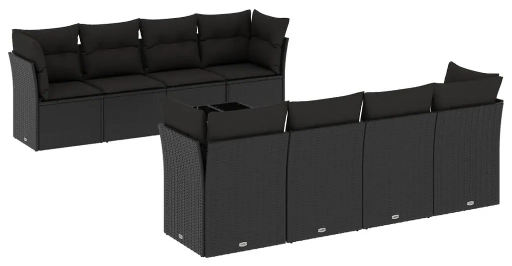 Set Divani da Giardino 9 pz con Cuscini Nero in Polyrattan