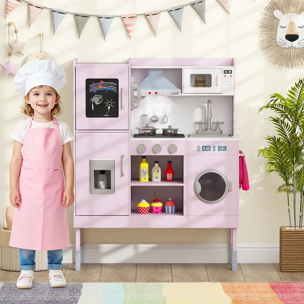 Costway Cucinetta per bambini con cappa macchina del ghiaccio telefono, Cucina con luci e suoni realistici per bambini 3 Colori