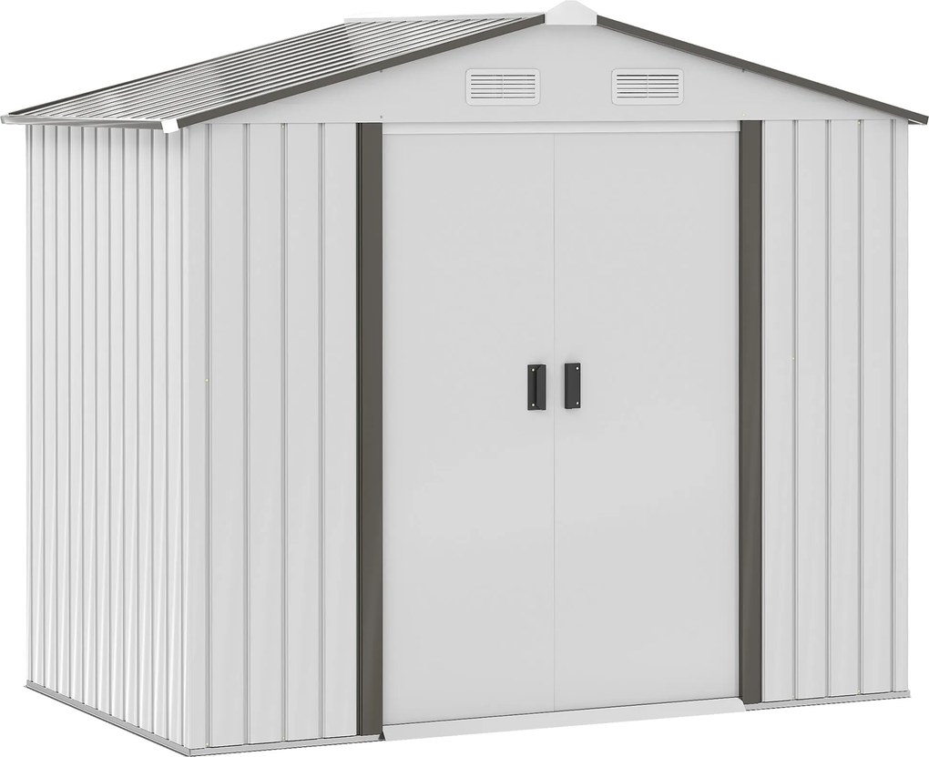 Casetta Box da Giardino Porta Utensili 213x130x185 cm con Porte Scorrevoli in Acciaio Bianco...