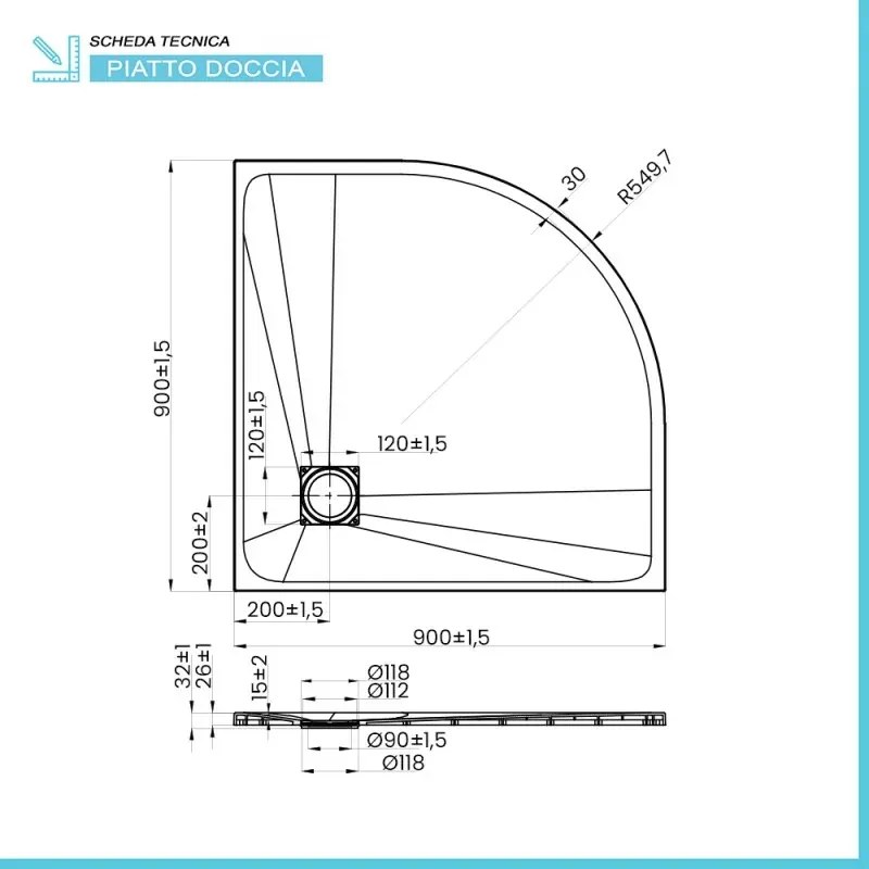 Piatto doccia 90x90 semicircolare bianco pietra in resina riducibile Agorà